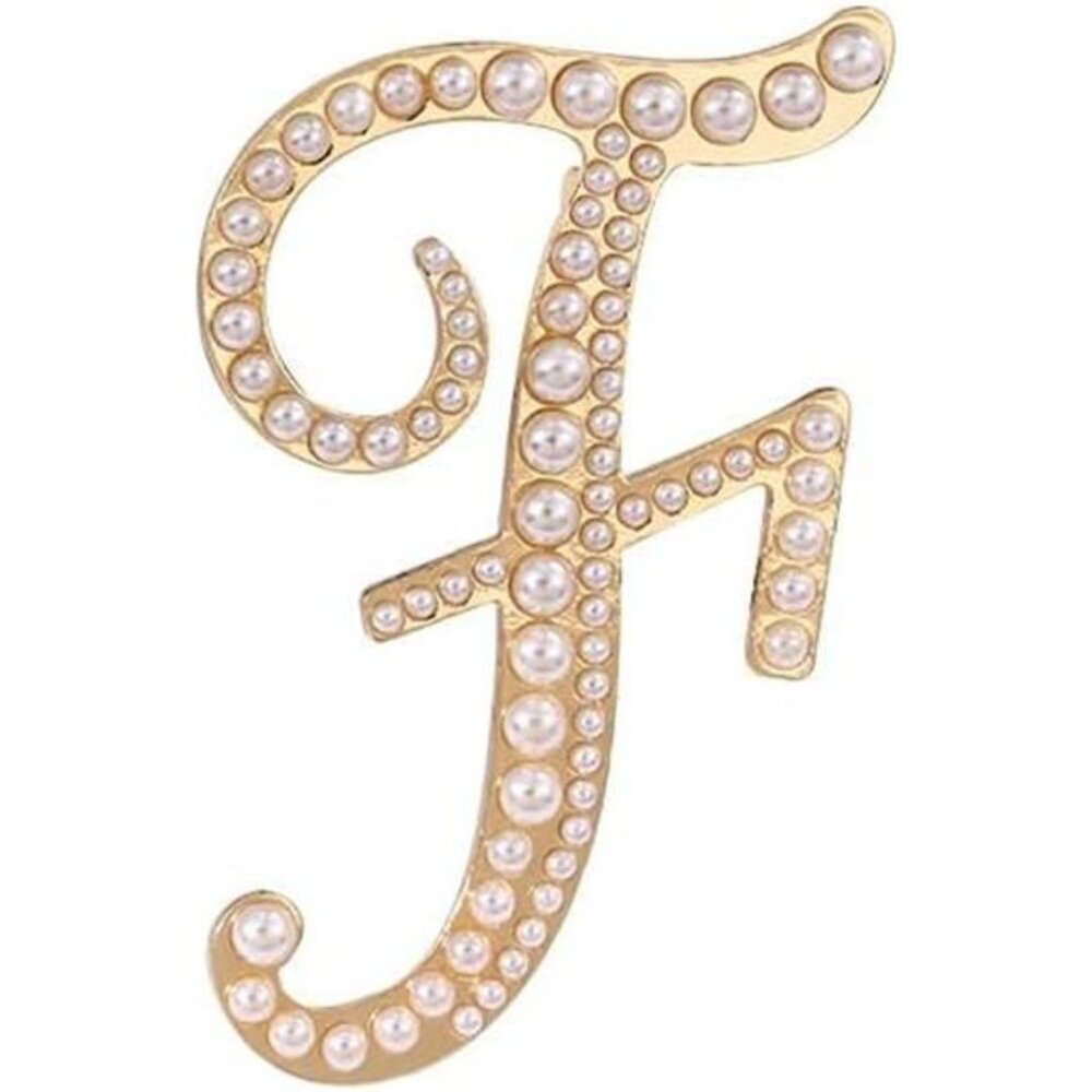 Gold Simulated Pearl Initial Letter F Alphabet Brooches Pin Women